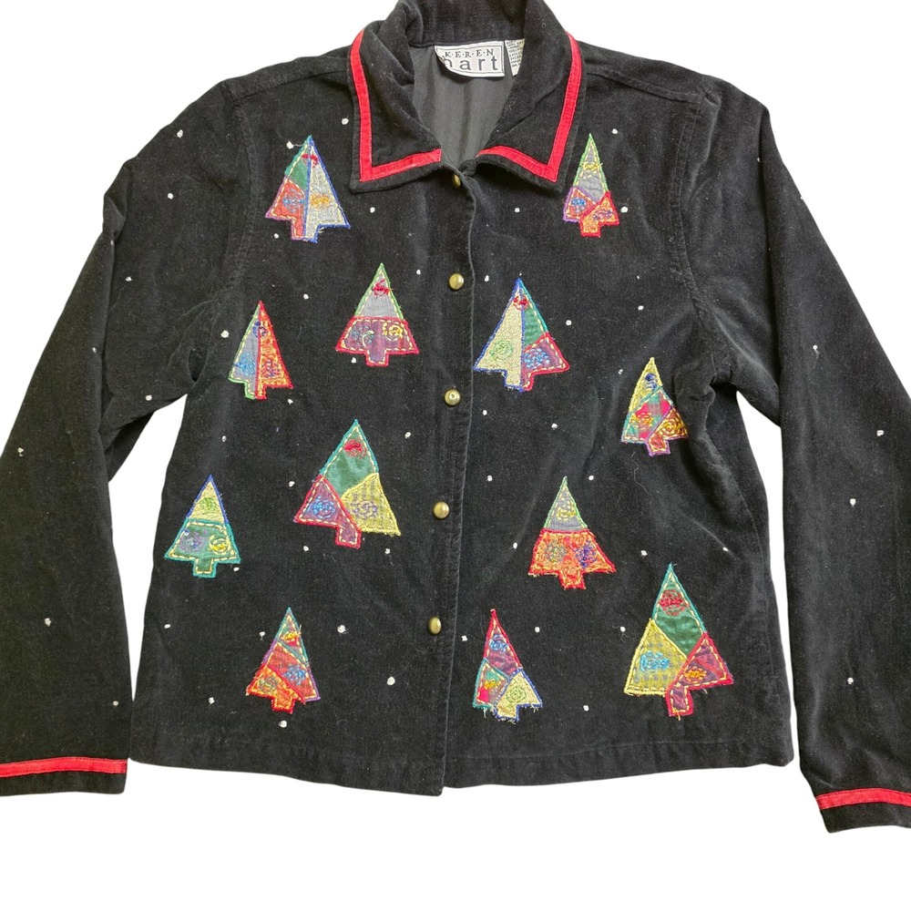 KEREN HART S Black Velvet Christmas Tree Applique‎ Jacket Festive Holiday